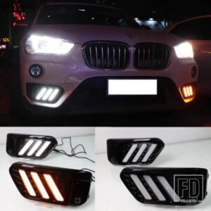 BMW X1 F48 F49 2016-19用 2個 LED DRL デイタイムランニングライト デイライト イエローウィンカーとブルーナイトライト付き