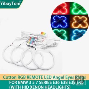 4X131MM リモートマルチカラー RGB SMD コットン LED エンジェルアイリング BMW 3 5 7 シリーズ E36 E38 E39 E46 キセノンレンズヘッドライト