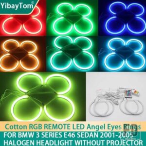 131MM+146MM リモートコットン RGBW LED エンジェルアイリング BMW 3シリーズ E46 セダン 2001-2005 ヘッドライト用 プロジェクターなし