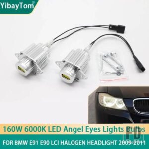 2個の明160W 6000KランプLEDエンジェルアイマーカーライト電球BMW 3シリーズE90 E91 LCIハロゲンヘッドライト2009-2011