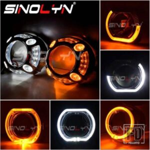 SINOLYN 2.5/3.0 LED エンジェルアイズウィンカーシュラウドスイッチバックベゼルヘッドライトレンズ HELLA 3R G5/KOITO Q5/WST プロジェクターレンズ