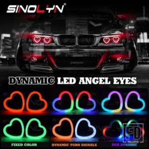 ハート型 LED RGB エンジェルアイウィンカーライトダイナミックシーケンシャル流れる BLUETOOTH リモコンハローリングヘッドライト用