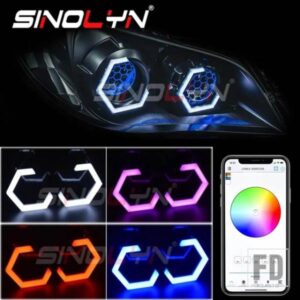 SINOLYN LED 六角ハロー RGB エンジェルアイ BLUETOOTH 互換アプリライトリングヘッドライト多色ライトカーアクセサリー