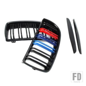 グロスマットブラック 2 ラインフロントキドニーグリルグリルダブルスラット BMW E90 E91 3 シリーズ 2005 2006 2007 2008 自動