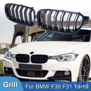 PULLECO 車フロントキドニーグリルグリルレーシンググリル BMW 3 シリーズ F30 F31 F35 13-19 グロスブラックダブルスラット自動車アクセサリー