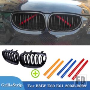 PULLECO フロントバンパーグリルキドニーレーシンググリルグリルトリムストリップ BMW E60 E61 5 シリーズ 2003-2009 グロスブラック自動