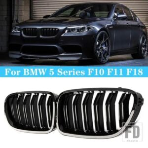スタイルグロスブラックフロントキドニーダブルスラットグリルグリルデュアルラインレーシンググリル BMW 5 シリーズ F10 F11 F18 2010-2017