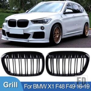 PULLECO フロントフードキドニーバンパーグリルレーシンググリル BMW X1 F48 F49 16-19 グロスブラックダブルスラットグリルアクセサリー