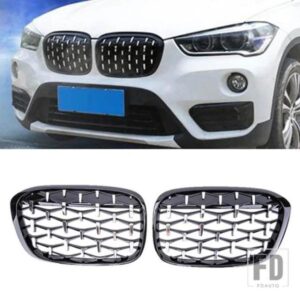 BMW X1 F48 F49 車ダイヤモンドフロントキドニーグリルレーシンググリル 16-19 グロスブラックグリルアクセサリーグリルカースタイリンググリル