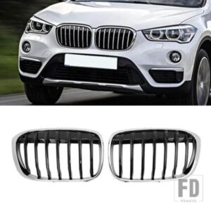 BMW X1 F48 F49 クロームフロントキドニーバンパーグリルレーシンググリルグリル 16-19 フレーム黒コアグリル自動 ABS