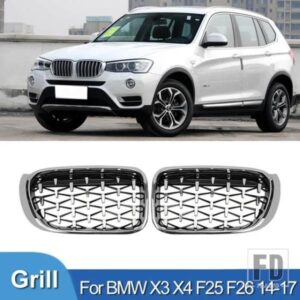 BMW X3 X4 F25 F26CAR フロントグリルレーシンググリルダイヤモンドキドニーグリル 2014-16 クロームメテオスタイルグロスブラック