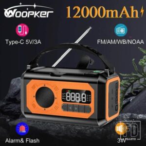 WOOPKER 12000MAH 緊急ラジオ多機能充電式バッテリー 5V/3A ソーラー AM/NOAA/FM ラジオ懐中電灯パワーバンク付き