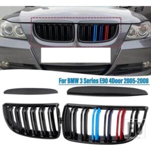 BMW 3 シリーズ E90 4DR 2005-2008 M カラーデュアルスラットフロントキドニーグリルダブルラインフロントバンパーグリル