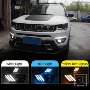 ジープ 自動車用 LED DRL イエローウィンカー付きデイタイムランニングライト デイライト コンパス 2017-20 フォグランプカバー - White and Yellow