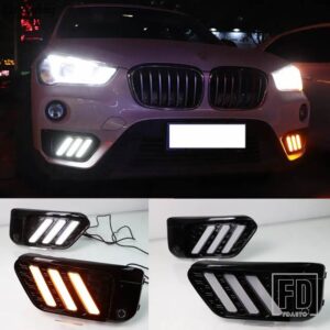 BMW X1 F48 F49 2016-19用 2個 LED DRL デイタイムランニングライト デイライト イエローウィンカーとブルーナイトライト付き - White and Yellow