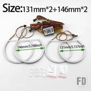 BMW シーケンシャル回転式RGBWマルチカラー電話リモートコントロールリングDRL LEDエンジェルアイキット 3 5/7シリーズ E46 E39 E38用 - 131mmx2 and 146mmx2
