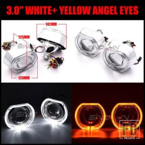 LED エンジェルアイズバイキセノンプロジェクターヘッドライトレンズ 2.5/3.0 スクエアウィンカースイッチバックランニングライト H4/H7 - 3.0 White Yellow