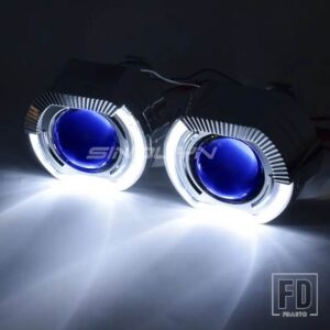 エンジェルアイズ 2.5インチバイキセノンレンズヘッドライト H7 H4 ライトプロジェクターレンズ DRL 悪魔ヘッドライトカーアクセサリー - White-Blue