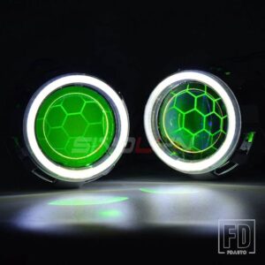 バイキセノンヘッドライトレンズ 2.5 エンジェルアイハニカム H4/H7 ヘッドライト LED デビルアイ DRL チューニング H1 WST レンズ - With Green Devil