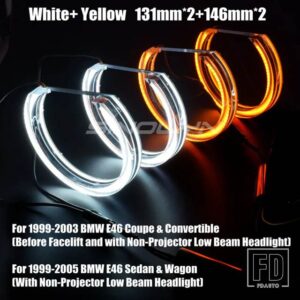 BMW LED エンジェルアイハローリング 3 5シリーズ E46 M3/E39/E36/E38 ヘッドライト DRL アクリル DTM スタイルライトウィンカーライト - 131mm Plus 146mm(Y)