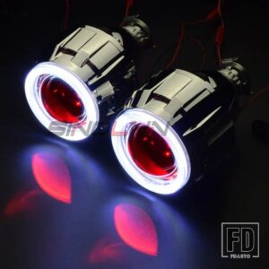 2.5インチバイキセノンプロジェクターレンズヘッドライト H7 H4 エンジェルアイズ DRL ライトミニヘッドランプカーアクセサリースタイリング - White-Red