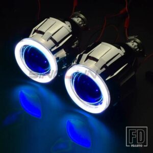2.5インチバイキセノンプロジェクターレンズヘッドライト H7 H4 エンジェルアイズ DRL ライトミニヘッドランプカーアクセサリースタイリング - White-Blue
