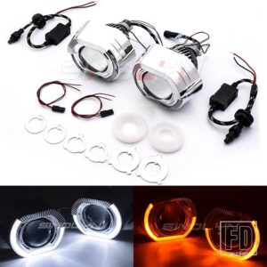 2.5インチバイ LED ライトヘッドライトレンズ H7 H4 9005 9006 エンジェルアイズウィンカー LED プロジェクターカーアクセサリー - White Yellow Shrouds