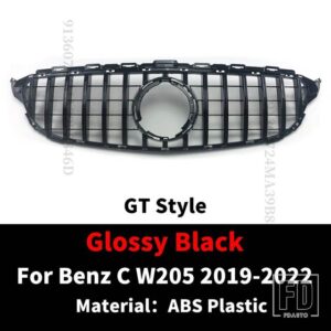 スタイリングフロントインレットバンパーグリルレーシンググリル GT スタイルメルセデス W205 ベンツ C C43 S205 C205 2014-2022 フードメッシ - 19-22 Glossy Black