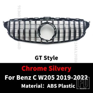 スタイリングフロントインレットバンパーグリルレーシンググリル GT スタイルメルセデス W205 ベンツ C C43 S205 C205 2014-2022 フードメッシ - 19-22 Chrome Silvery