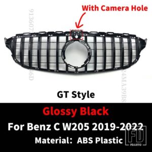 スタイリングフロントインレットバンパーグリルレーシンググリル GT スタイルメルセデス W205 ベンツ C C43 S205 C205 2014-2022 フードメッシ - 19-22 Black With Cam