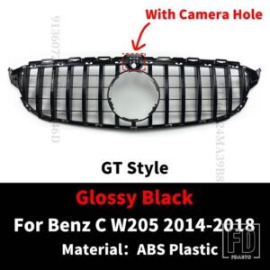 スタイリングフロントインレットバンパーグリルレーシンググリル GT スタイルメルセデス W205 ベンツ C C43 S205 C205 2014-2022 フードメッシ - 14-18 Black With Cam