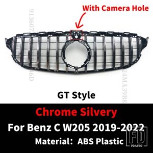 スタイリングフロントインレットバンパーグリルレーシンググリル GT スタイルメルセデス W205 ベンツ C C43 S205 C205 2014-2022 フードメッシ - 19-22Silver With Cam