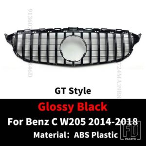 スタイリングフロントインレットバンパーグリルレーシンググリル GT スタイルメルセデス W205 ベンツ C C43 S205 C205 2014-2022 フードメッシ - 14-18 Glossy Black