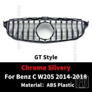 スタイリングフロントインレットバンパーグリルレーシンググリル GT スタイルメルセデス W205 ベンツ C C43 S205 C205 2014-2022 フードメッシ - 14-18 Chrome Silvery