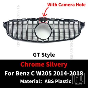 スタイリングフロントインレットバンパーグリルレーシンググリル GT スタイルメルセデス W205 ベンツ C C43 S205 C205 2014-2022 フードメッシ - 14-18Silver With Cam