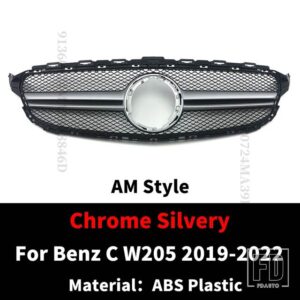 メルセデスベンツ フロントインレットグリルレーシングフードグリル C W205 C205 S205 2014-2022 C43 AMG スタイルメッシュ交換フェイスリフト - 19-22 Chrome Silvery