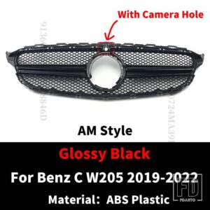 メルセデスベンツ フロントインレットグリルレーシングフードグリル C W205 C205 S205 2014-2022 C43 AMG スタイルメッシュ交換フェイスリフト - 19-22 Black With Cam