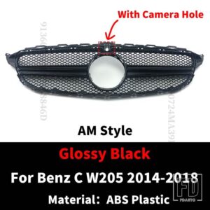 メルセデスベンツ フロントインレットグリルレーシングフードグリル C W205 C205 S205 2014-2022 C43 AMG スタイルメッシュ交換フェイスリフト - 14-18 Black With Cam