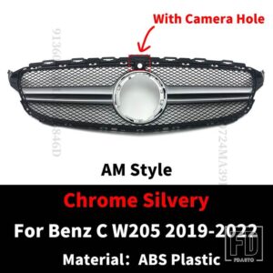 メルセデスベンツ フロントインレットグリルレーシングフードグリル C W205 C205 S205 2014-2022 C43 AMG スタイルメッシュ交換フェイスリフト - 19-22Silver With Cam
