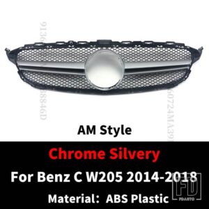 メルセデスベンツ フロントインレットグリルレーシングフードグリル C W205 C205 S205 2014-2022 C43 AMG スタイルメッシュ交換フェイスリフト - 14-18 Chrome Silvery
