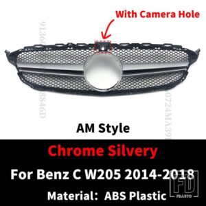 メルセデスベンツ フロントインレットグリルレーシングフードグリル C W205 C205 S205 2014-2022 C43 AMG スタイルメッシュ交換フェイスリフト - 14-18Silver With Cam