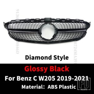 スポーツフロントフードグリルレーシングバンパーグリルダイヤモンドスタイルメッシュチューニングメルセデス W205 ベンツ C C205 S205 2014-2 - 19-21 Glossy Black
