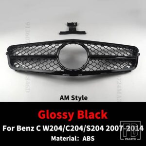 メルセデスベンツ フロントグリルバンパーグリルチューニングアクセサリー C W204 C204 S204 GT AMG ダイヤモンド C250 C180 C300 C200 2007-2 - AM Glossy Black