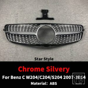 フロントグリルレーシングバンパーグリルダイヤモンドスタイルチューニングメルセデス W204 C204 S204 クーペベンツ C C43 C200 C300 C180 C25 - Chrome Silvery
