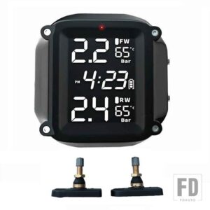 ワイヤレスオートバイ TPMS タイヤエア圧システム 2個 アウターセンサー LCD 時間表示タイヤ温度モニターアラーム - Built in