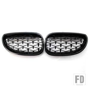 BMW カーレースグリル E60 E61 5シリーズ 2003-2009 ダイヤモンドフロントキドニーグリルメテオスタイルグリルクロームオートアクセサリー - fullblack