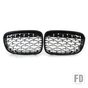 BMW クロームブラックダイヤモンドキドニーグリルグリル 1ペア 屋外抗抵抗リペア部品 1シリーズ F20 F21 2011-2014 - black silver