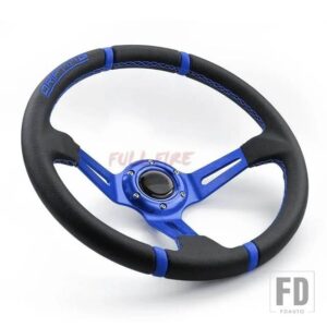 車 350 mm革ステアリングホイール PVC レーシングステアリングホイールスポーツボランチ - blue-LOGO