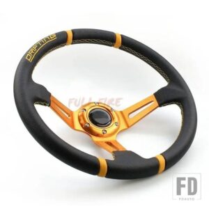 車 350 mm革ステアリングホイール PVC レーシングステアリングホイールスポーツボランチ - Gold-LOGO