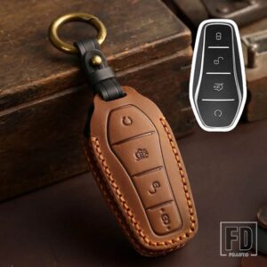 レザー車スマートキーケースカバー ATTO 3 ATTO3 DM TANG SONG DM-I MAX PRO QIN PRO YUAN EV DOLPHIN 2021-23 用4ボタン - B Brown